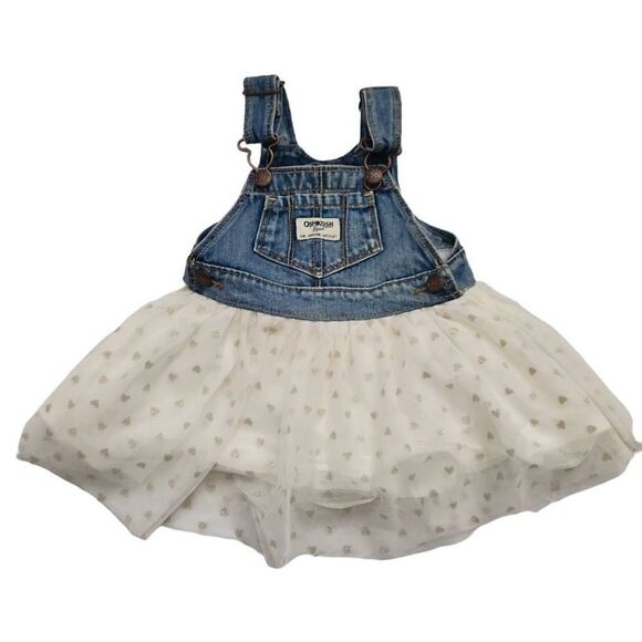 OshKosh B'Gosh Baby Gril Overall Dress with Heart Patterned Tulle Skirt - Size 9 - Picture 1 of 5